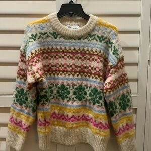 Zara Multicolor Patterned Crew Neck Sweater